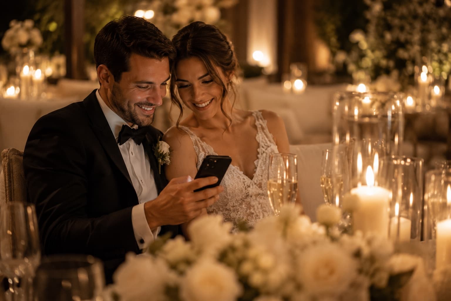 Elegant wedding QR code card placed on a reception table