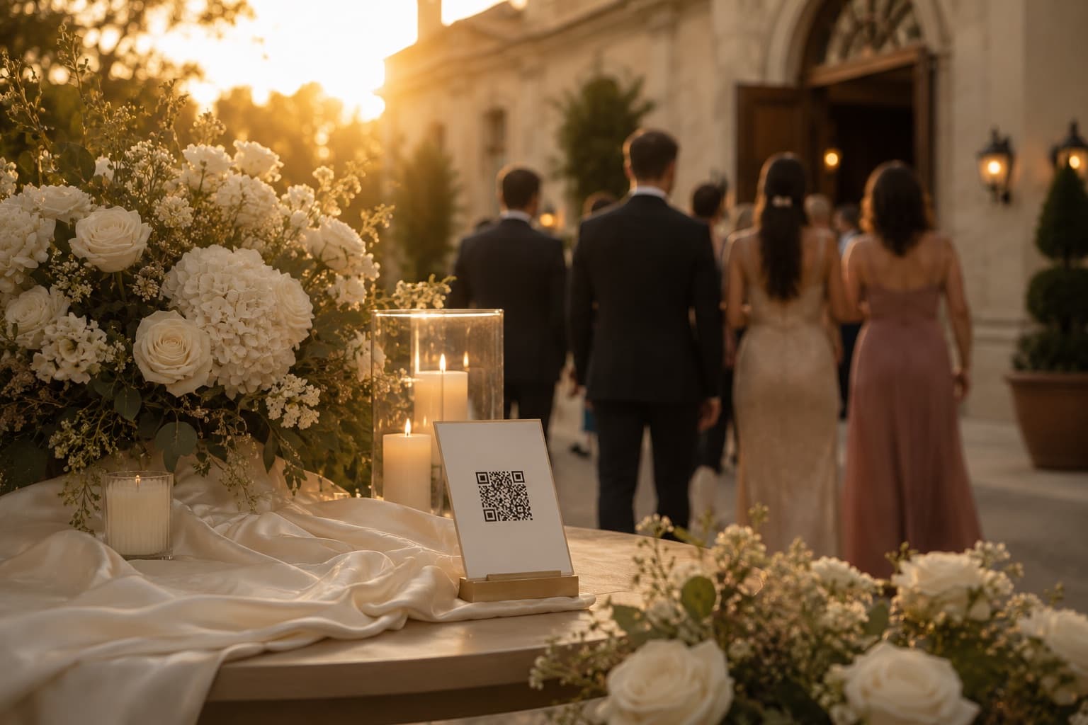 Bride and groom looking at candid guest photos on a phone
