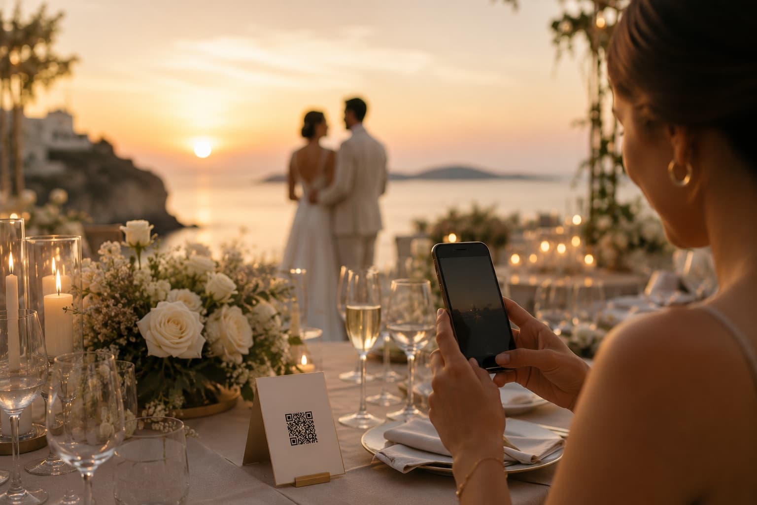 Wedding QR code sign near the venue entrance for guest photo uploads